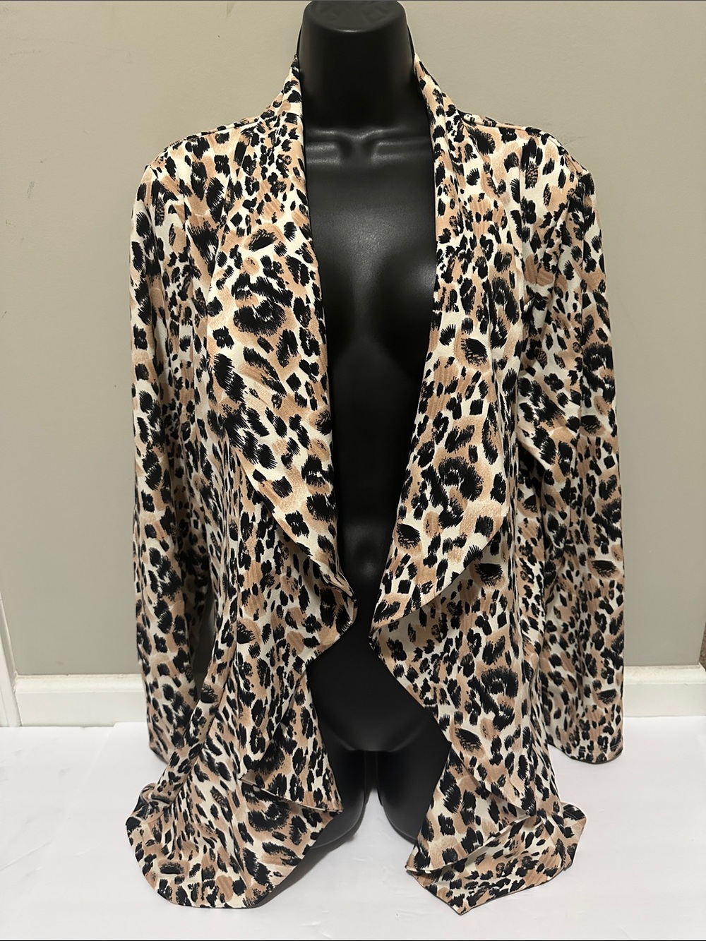 JJ Perfection Leopard Print Draped Open-Front Blazer Jacket - Tan/Black 3X